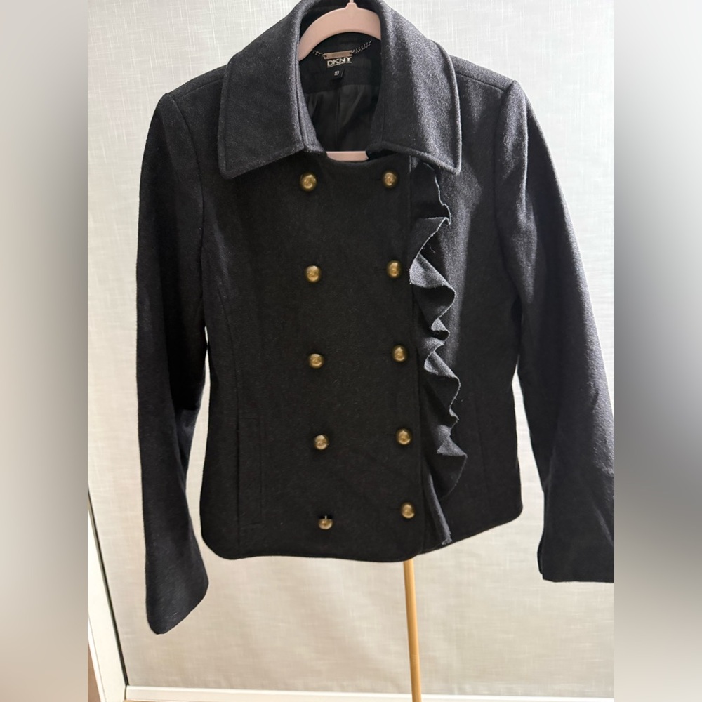 DKNY Black Double-Breasted Pea Coat with Ruffle Detail